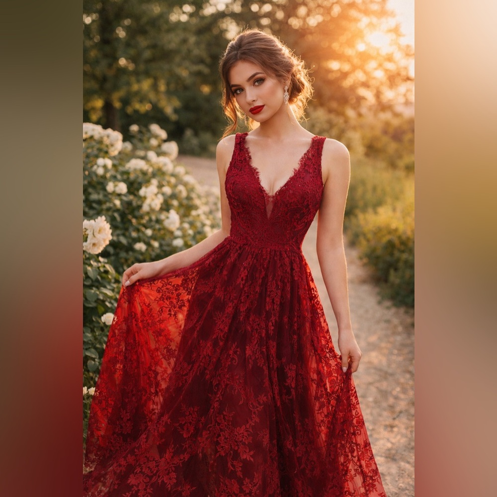Sherri Hill 4 Dark Red Burgundy Prom Dress Lace Sexy V Neck Formal Floral Fairy